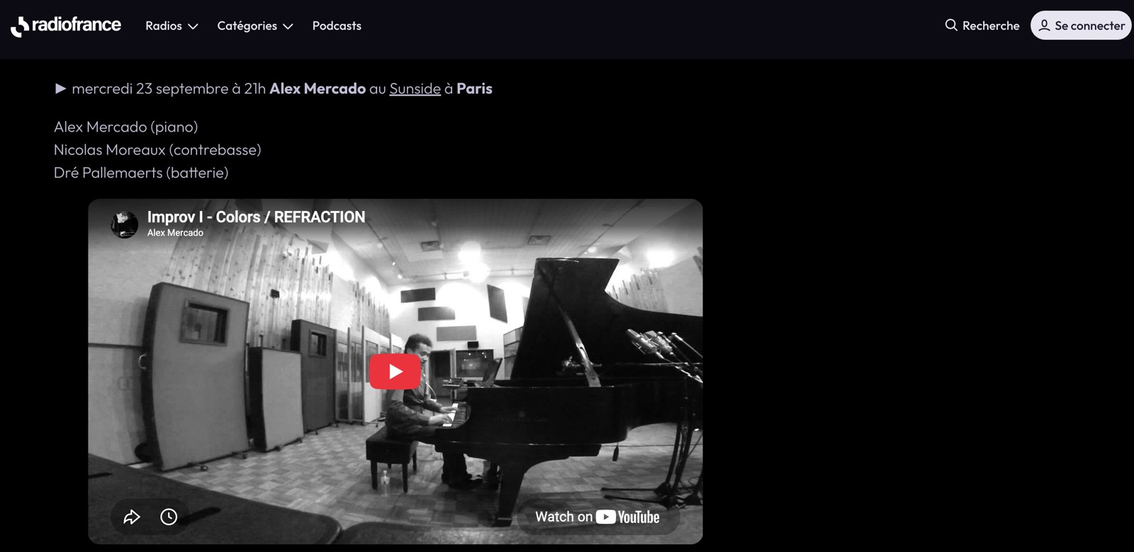 France Musique jazz agenda: Alex Mercado at the Sunside, Paris, 23 September 2015