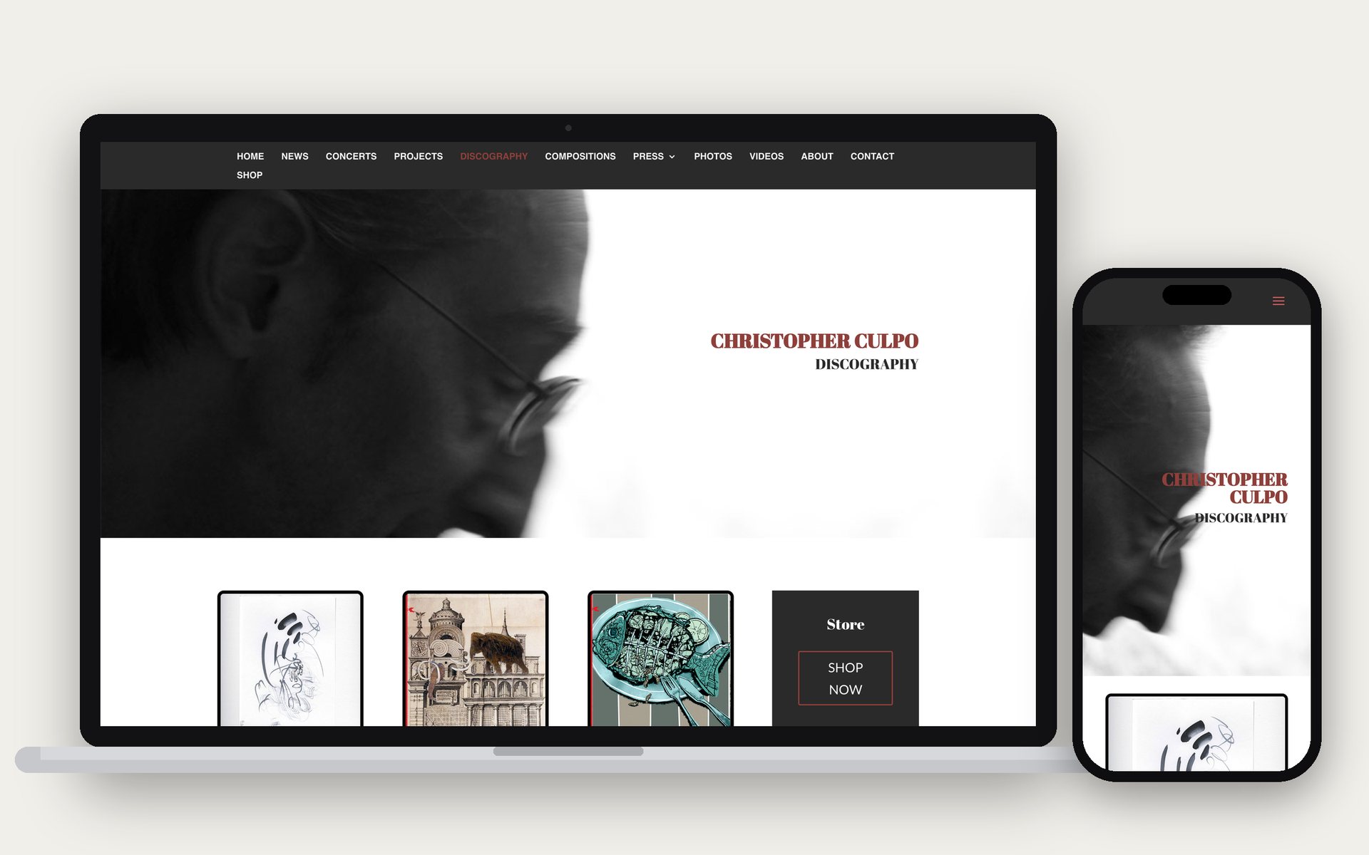 Discography page on laptop and phone