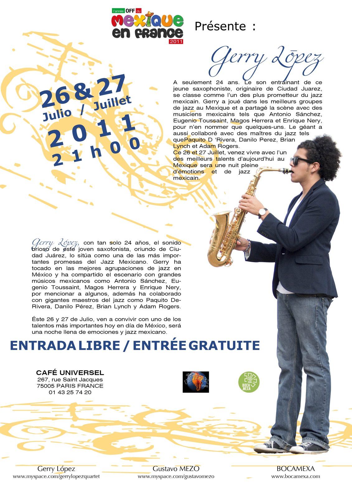 Gerry López concert poster, Café Universel Paris, 26 and 27 July 2011, L’année OFF du Mexique en France