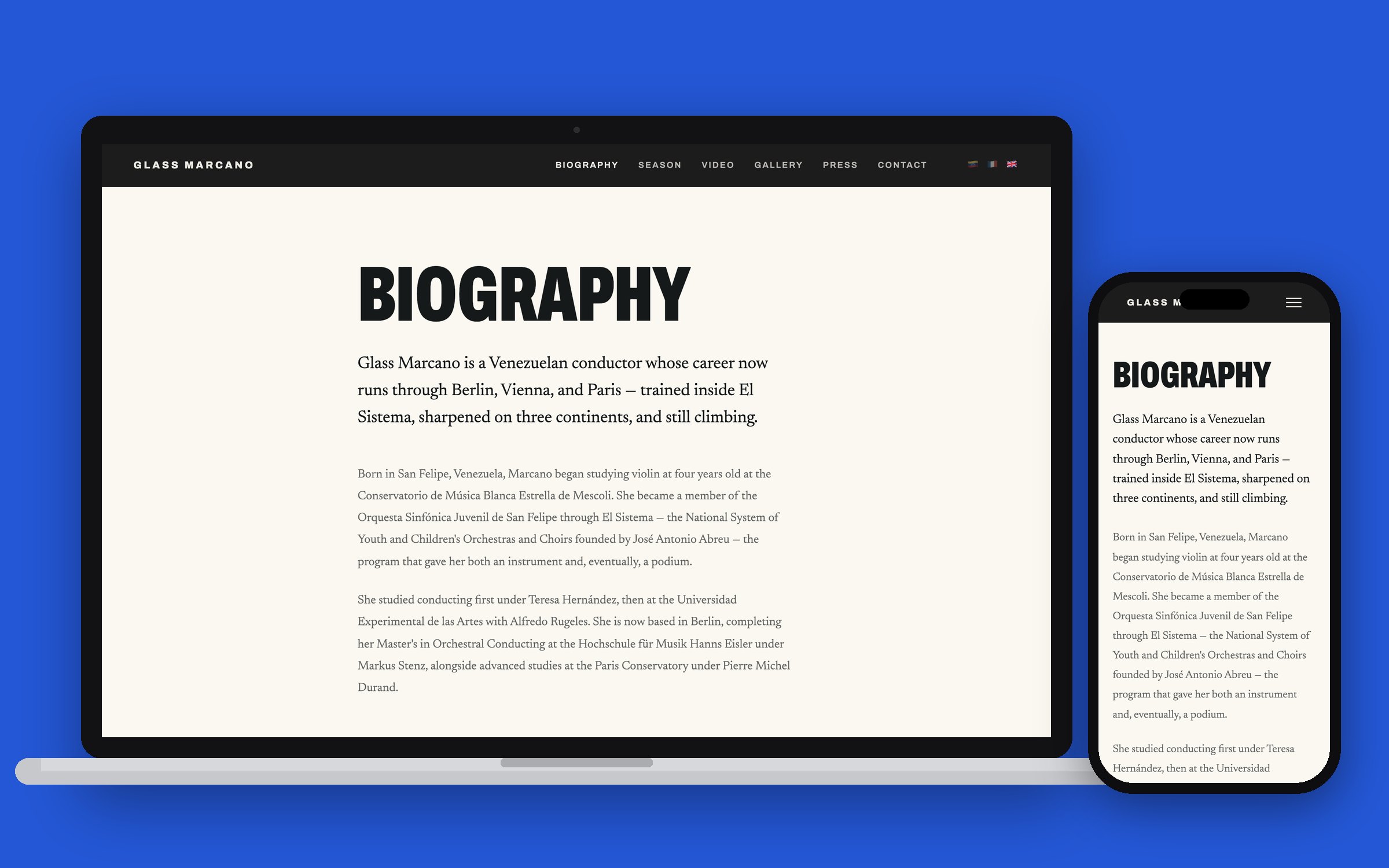 Biography page on laptop and phone