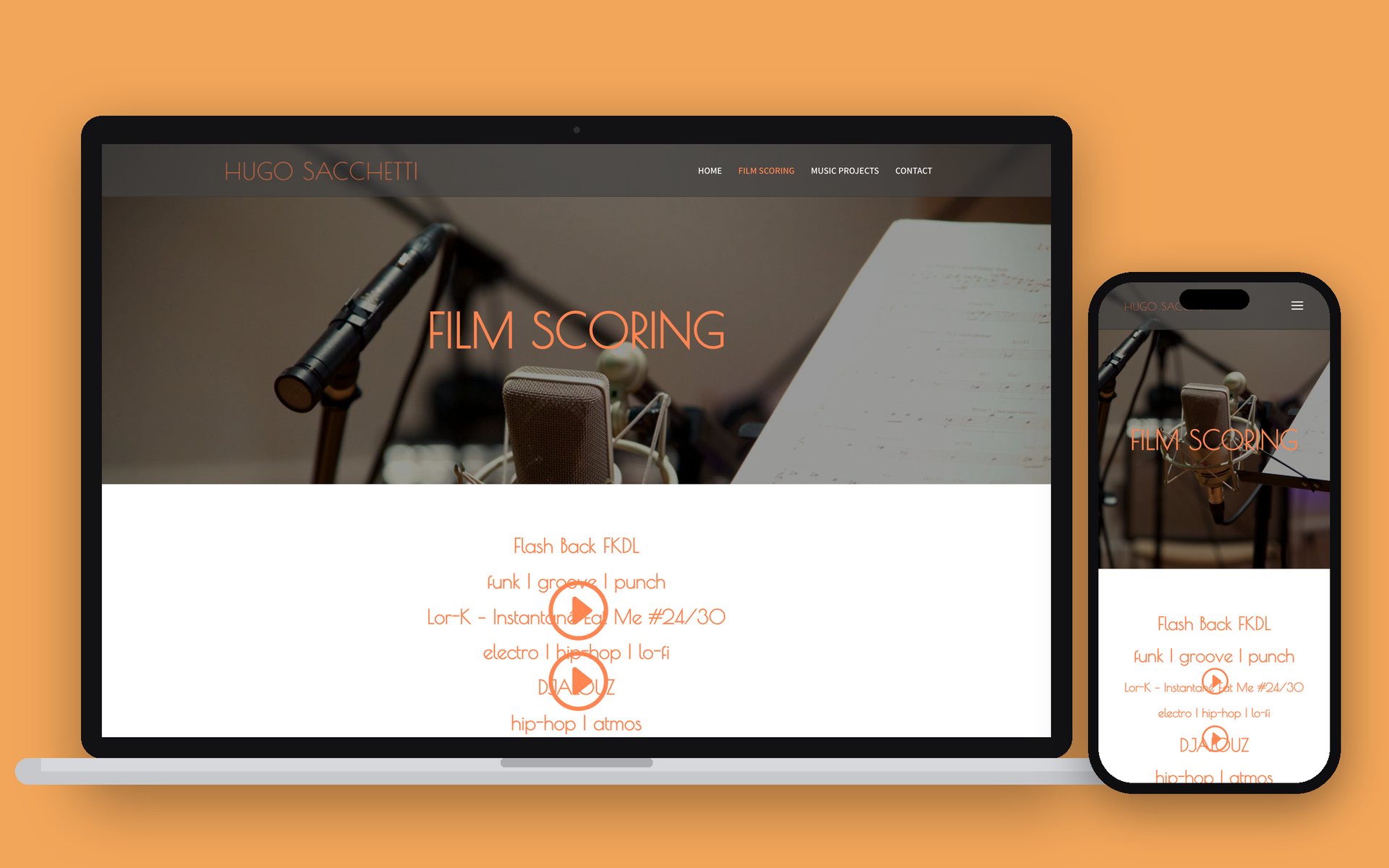 Film Scoring page on laptop and phone