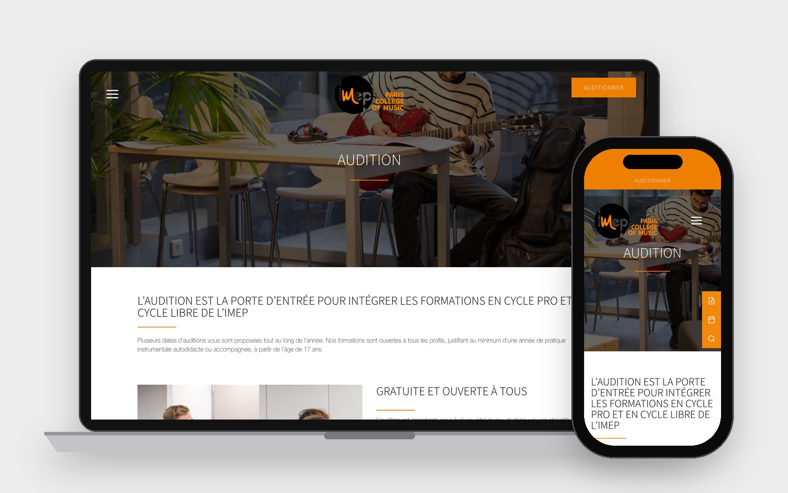 IMEP audition page, laptop and phone