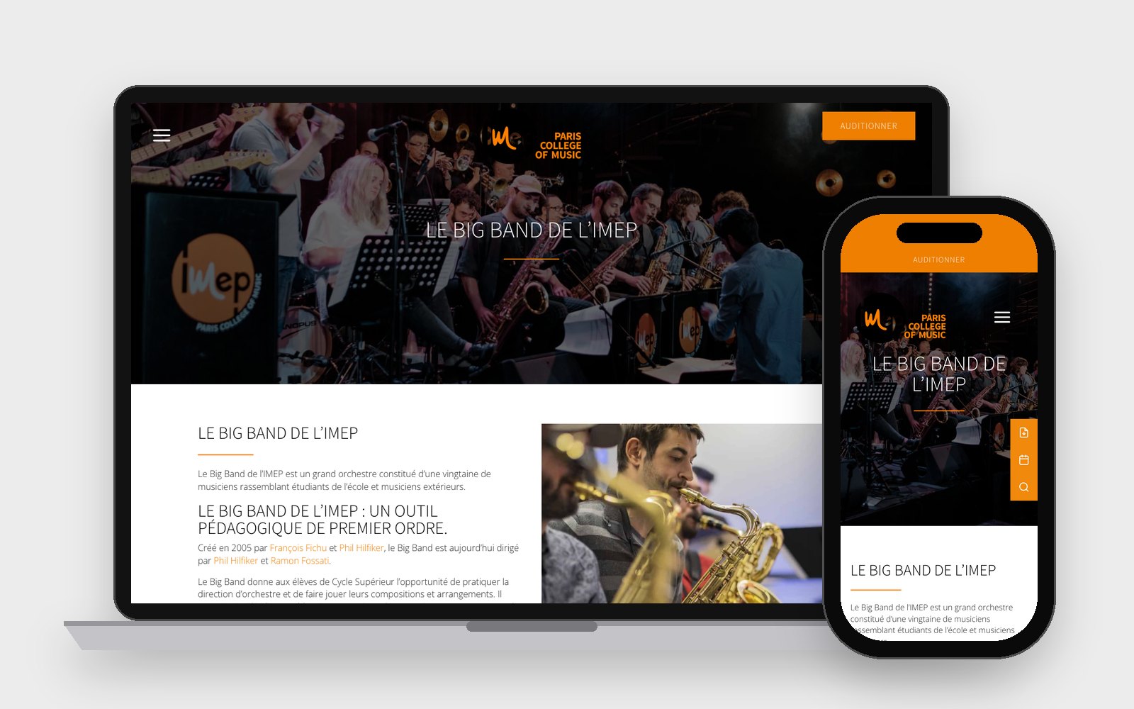IMEP Big Band page, laptop and phone