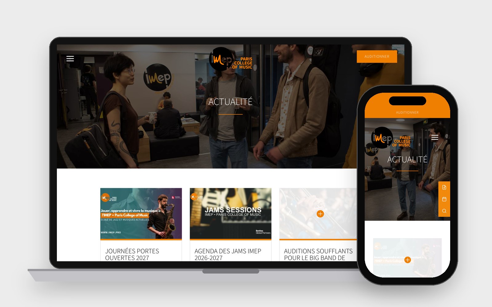 IMEP news page, laptop and phone