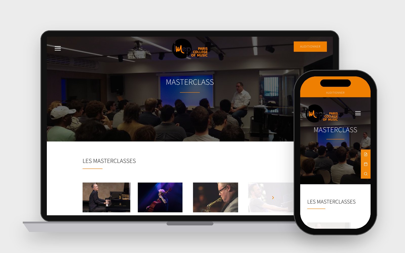 IMEP masterclass page, laptop and phone
