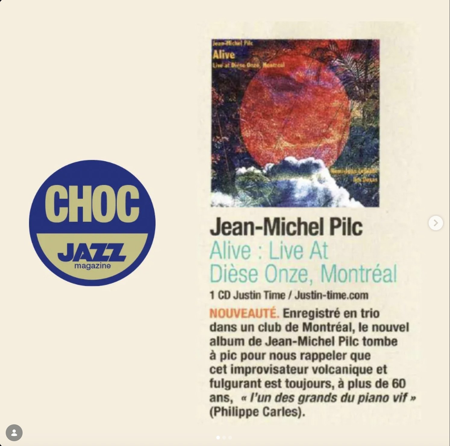 Jazz Magazine CHOC review of Jean-Michel Pilc Alive, April 2022