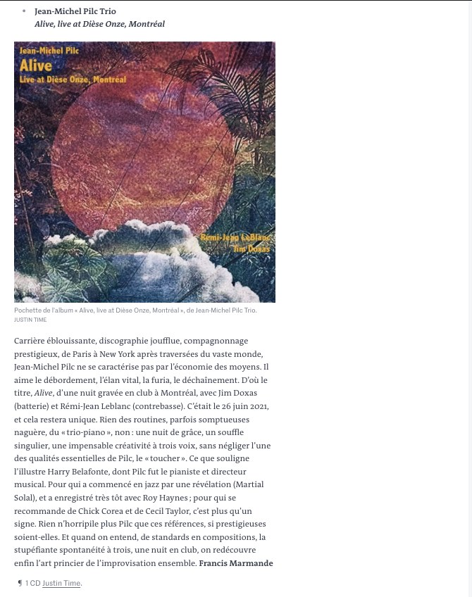 Le Monde review of Jean-Michel Pilc Alive by Francis Marmande, 15 April 2022