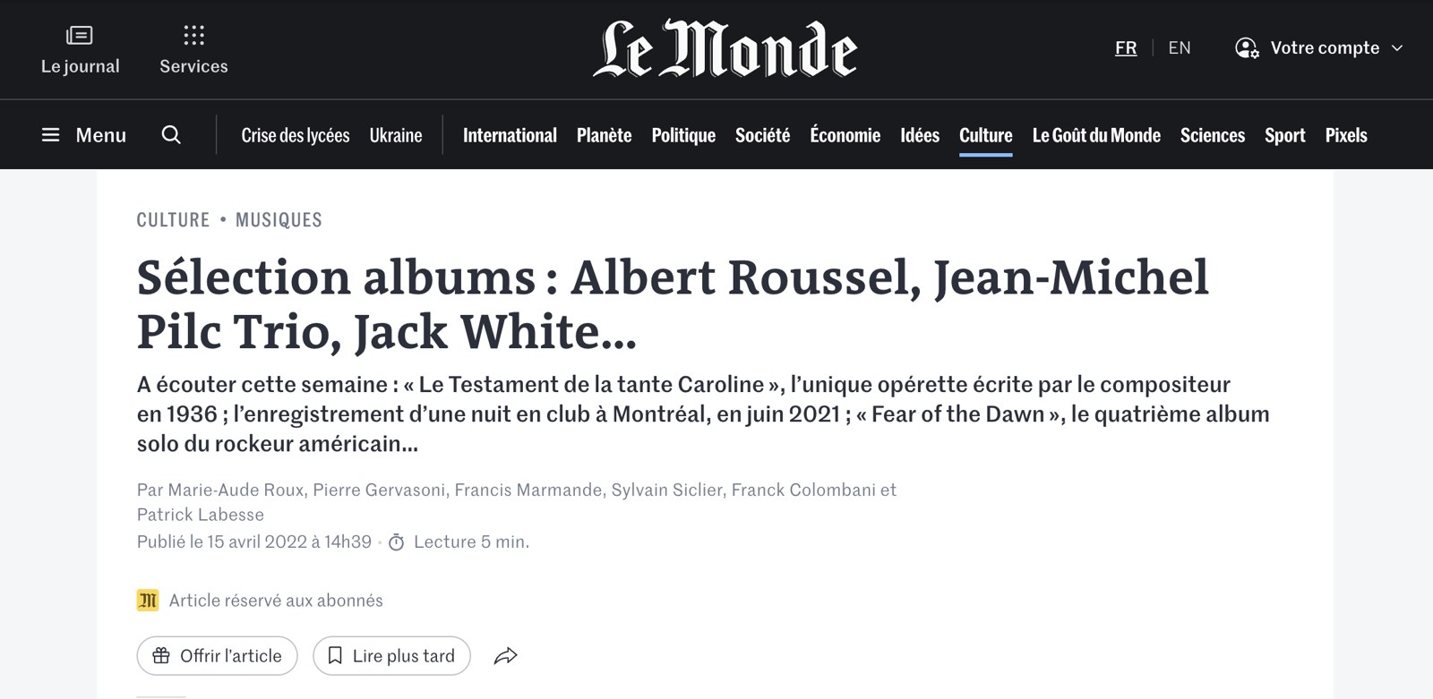Le Monde, Sélection albums, 15 April 2022