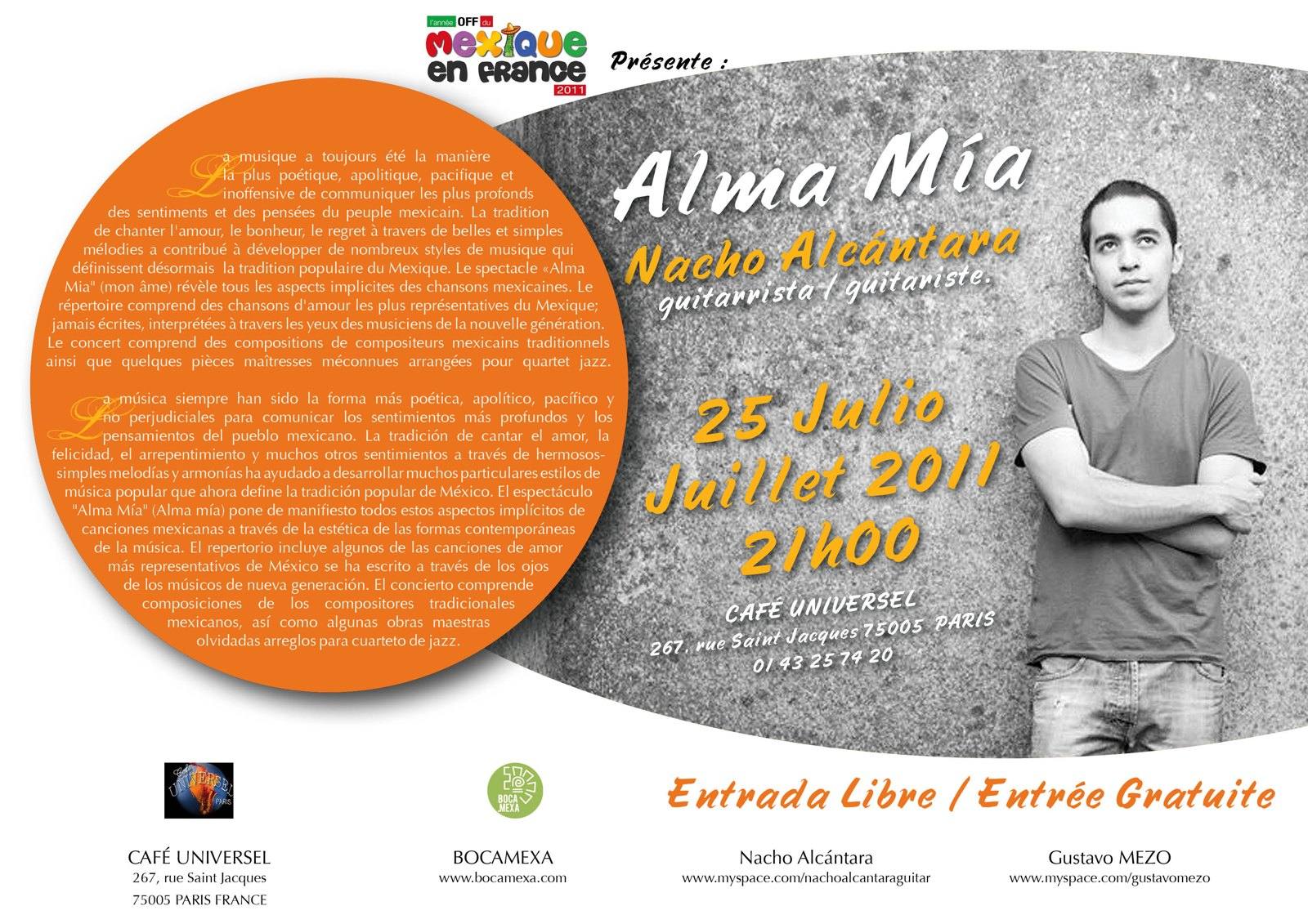 Nacho Alcántara Alma Mía concert poster, Café Universel Paris, 25 July 2011