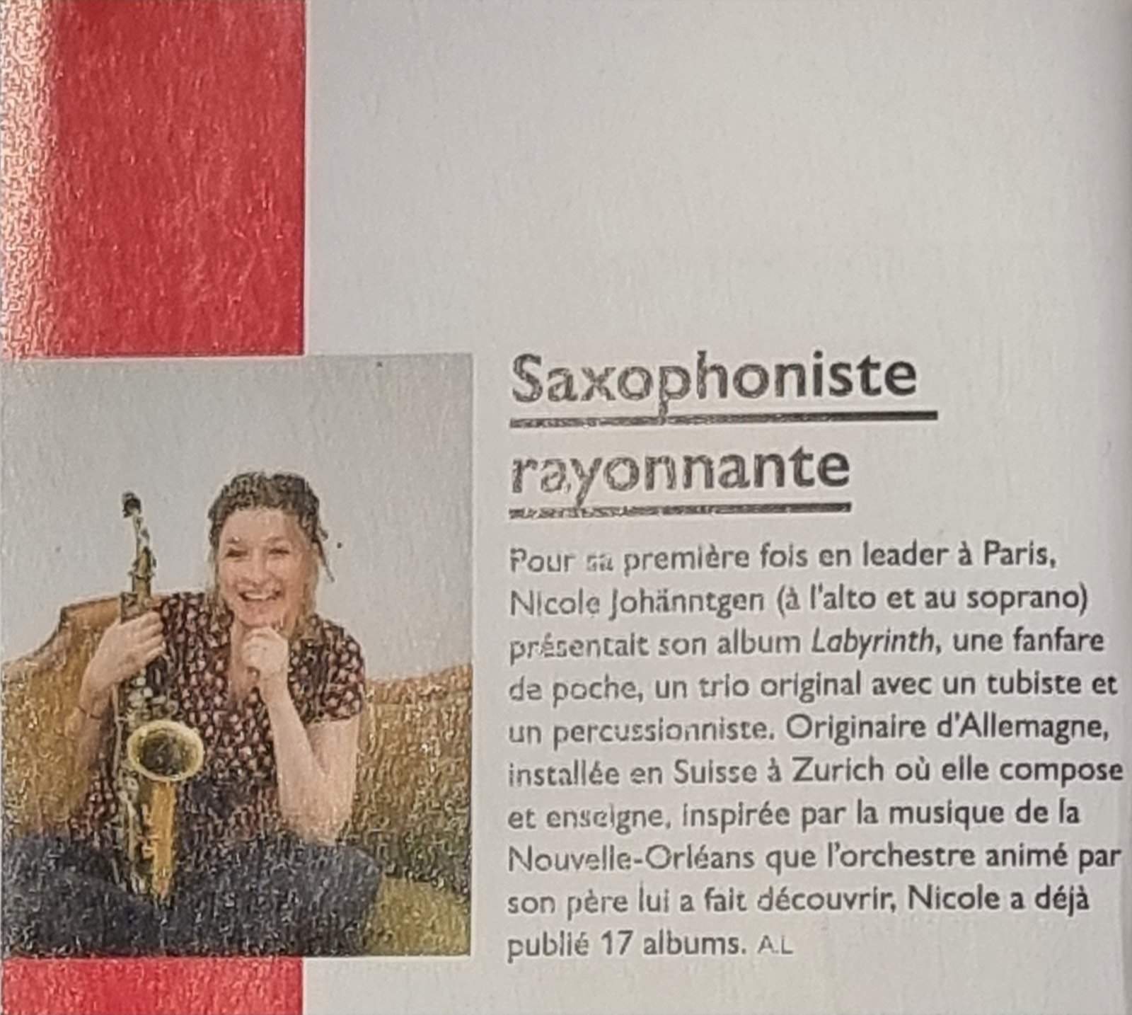 Jazz News issue 105: “Saxophoniste rayonnante”, a Buzz item about Nicole Johänntgen