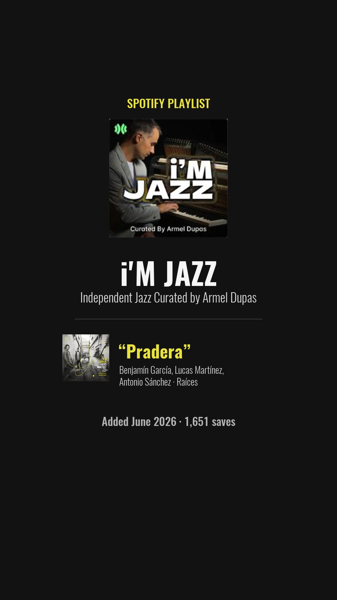 i'M JAZZ Spotify playlist curated by Armel Dupas, Pradera