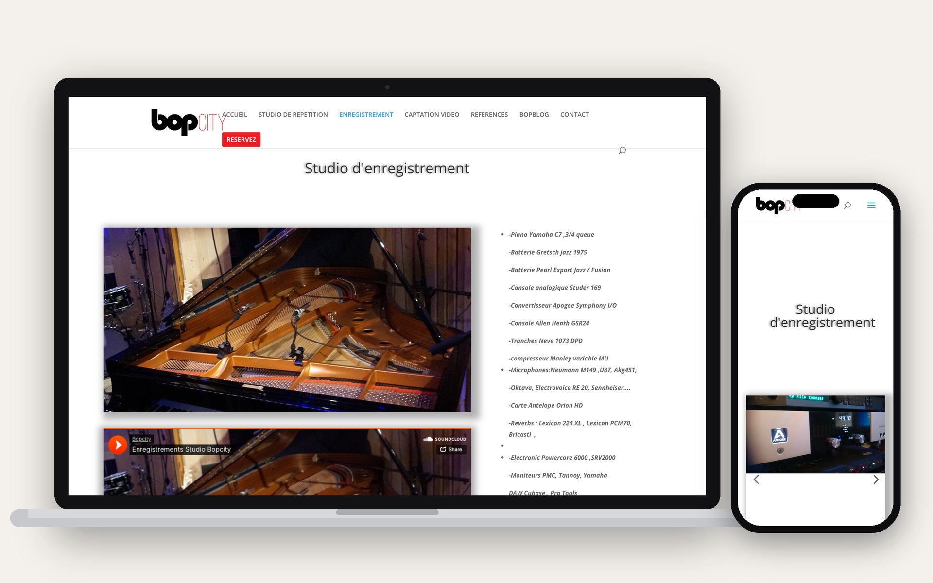 Recording studio page on laptop and phone