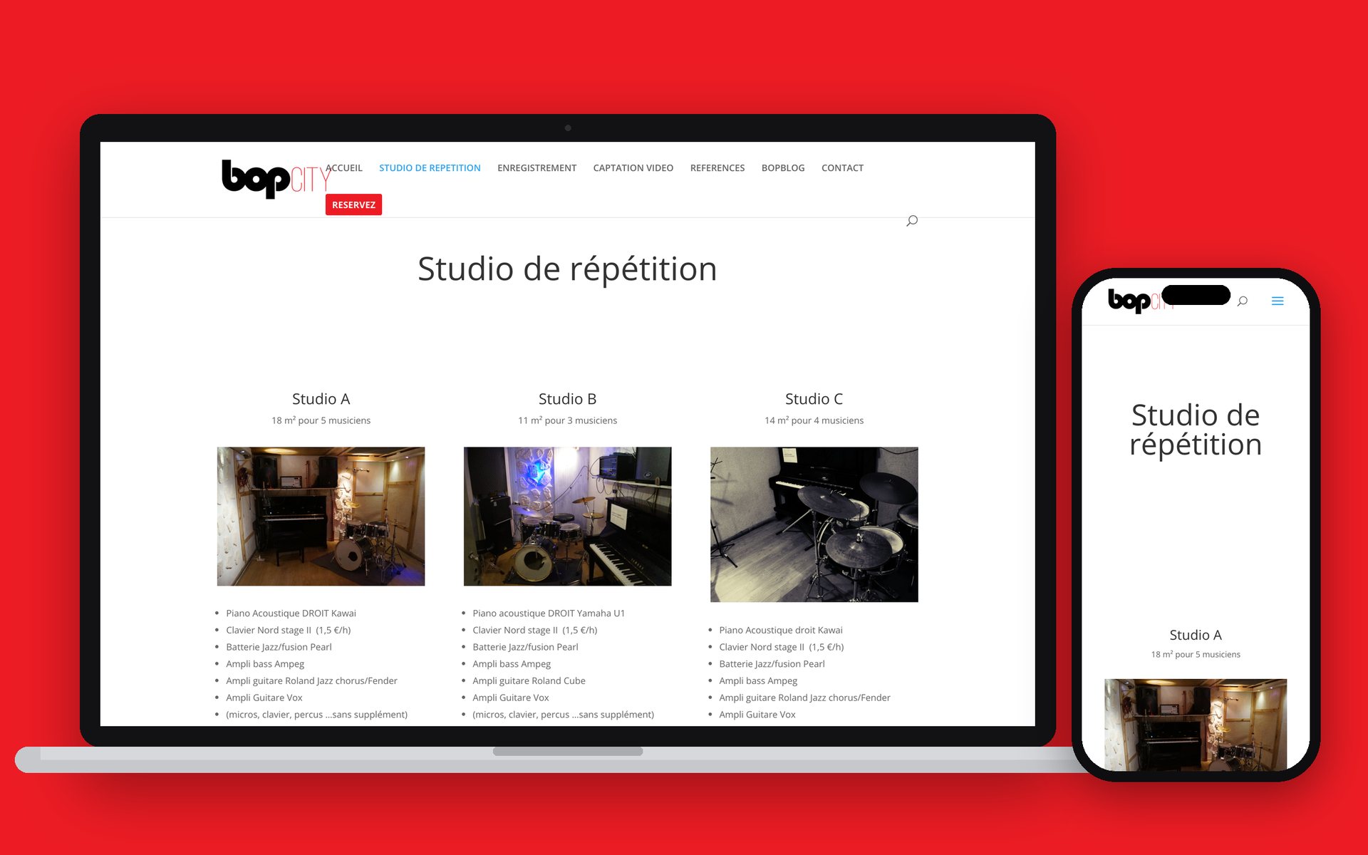 Rehearsal studios page on laptop and phone